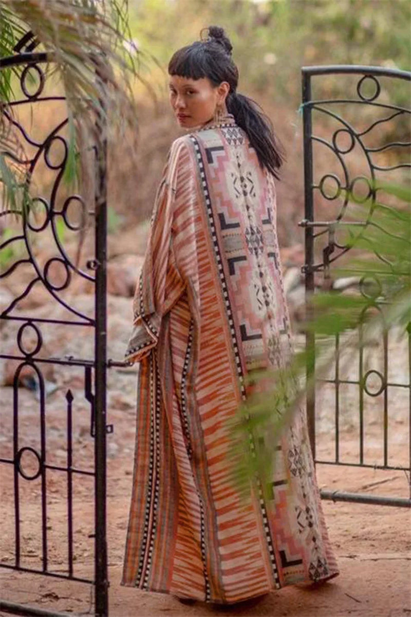 Boho Beach Robe Cotton Orange Ethnic Floral Print Kimono Vestidos Women Long Sleeve Tunic Top Blouses Cover up Boho