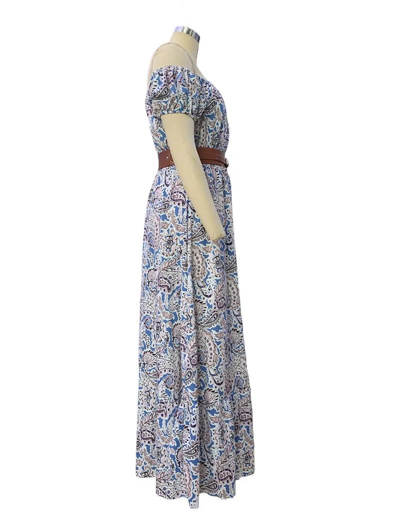 Women Elegant off Shoulder Slash Neck Long Dress Summer Floral Print A-Line Short Sleeve Bohemian Sundress with Belt