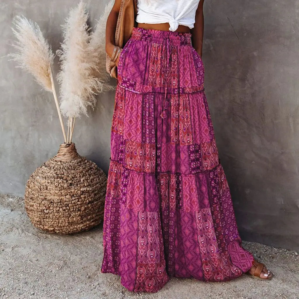 Women'S Summer Bohemian Y2K Retro Drawstring Elastic High Waist Casual Loose A-Line Swing Long Skirt with Pockets