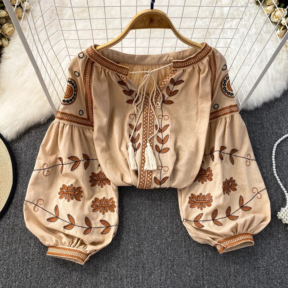 Blusa Mujer O-Neck Floral Embroidery Lantern Sleeve Spring and Autumn Blouse Women 2023 Loose Camisas Ethnic Style Dropshipping
