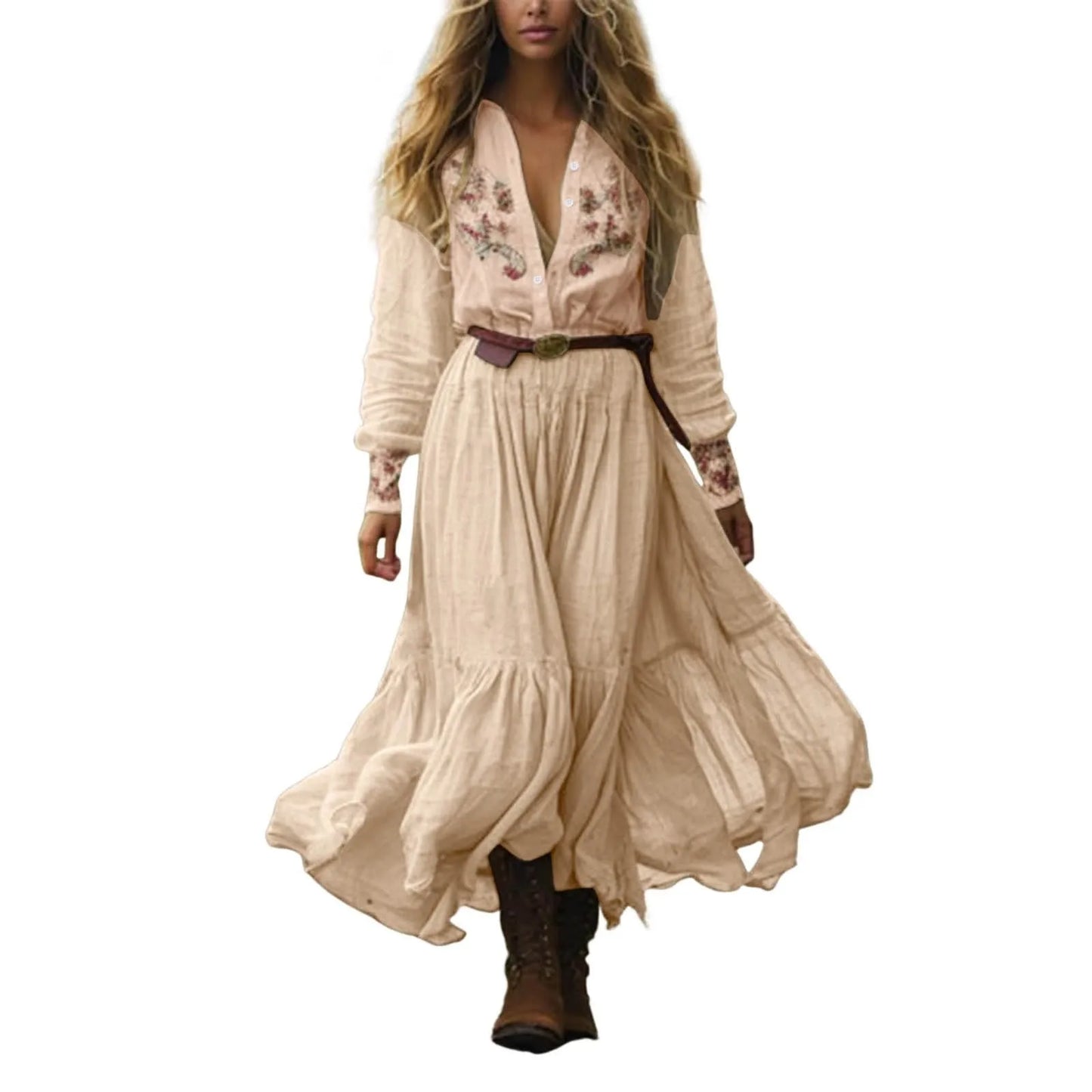 Vintage Floral Print Deep V Fashion High Waist Party Maxi Dress Autumn Women'S Ethnic Lady Chic Bohemian Dresses 2025 New