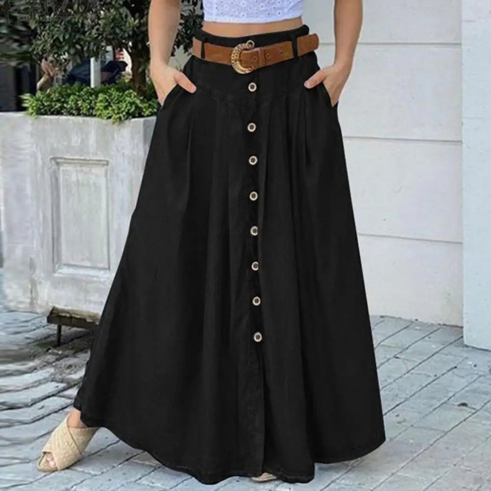 Big Hem Women Long Skirt Solid Color High Waist All Match Button Decor A-Line Summer Loose Maxi Skirt Female Garment