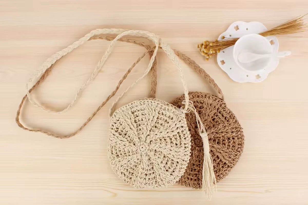 Rattan Woven round Women Straw Bag Handbag Knit Summer Beach Bag Woman Shoulder Messenger Bag Tassel Khaki Beige Bags