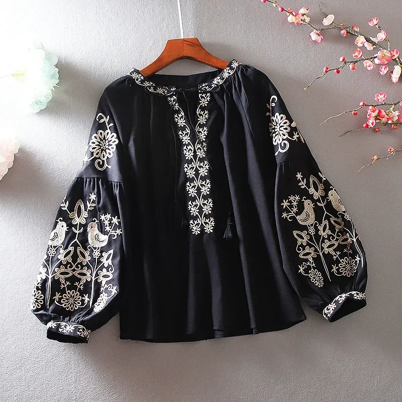 Fashionable Ethnic Style Long Sleeve Cotton Linen Shirt Embroidered Loose Fit Casual Women'S Autumn Top