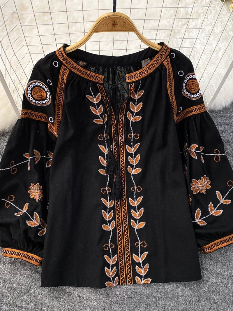 Chic Fashion 2024 New Spring Women Vintage Long Sleeve Loose T-Shirts O Neck Embroidery Casual All Match Top Mujers