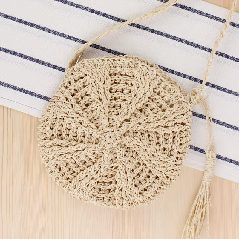 Rattan Woven round Women Straw Bag Handbag Knit Summer Beach Bag Woman Shoulder Messenger Bag Tassel Khaki Beige Bags