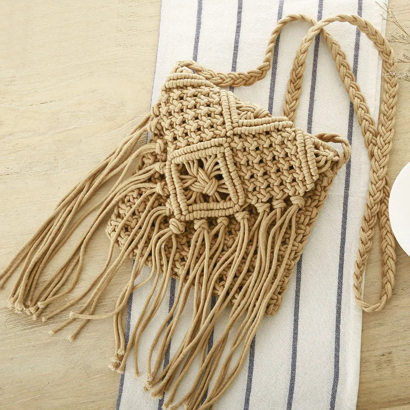 Handmade Cotton Woven Knitted Tassel Crossbody Bag Vintage Shoulder Messenger Bag Female Fashion Beach Summer Handbags for Women