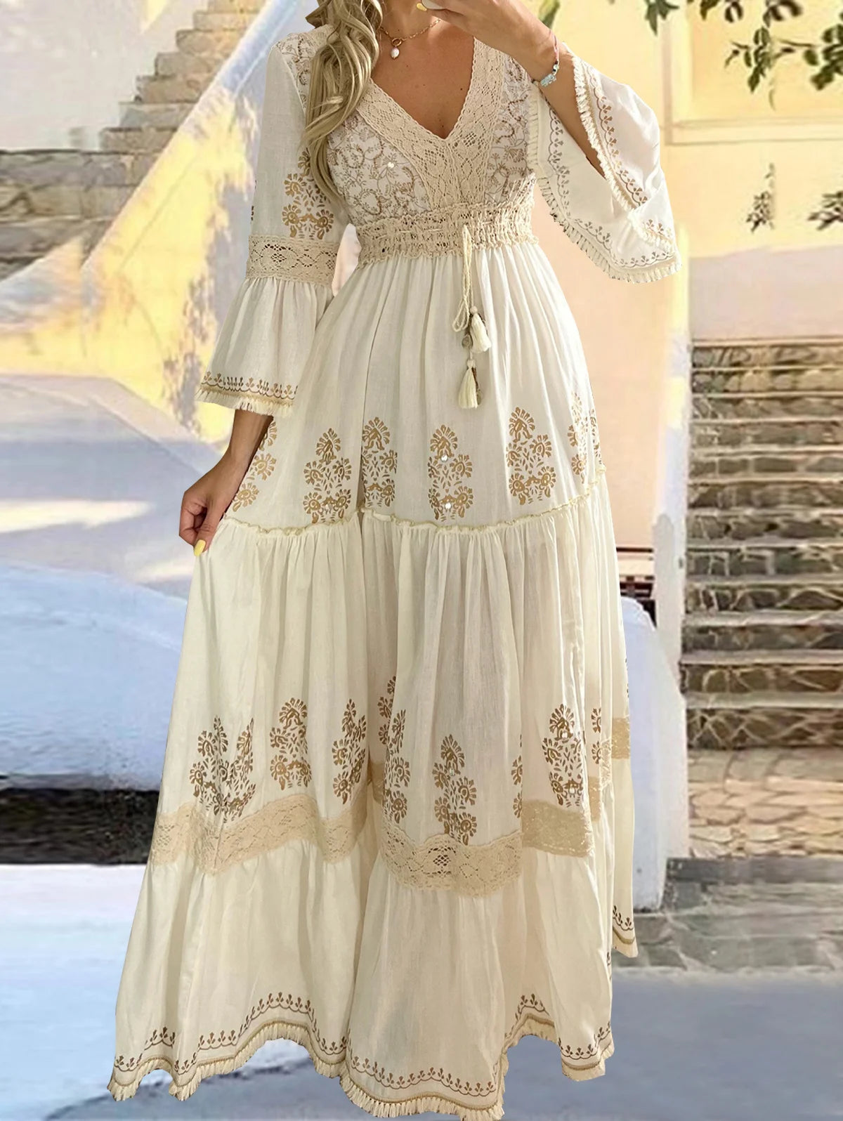 2025 Long Dress Women Summer Boho Lace Dresses Female Beach Holiday Hollow Out Dress Ladies Elegant Vintage Loose Vestidos