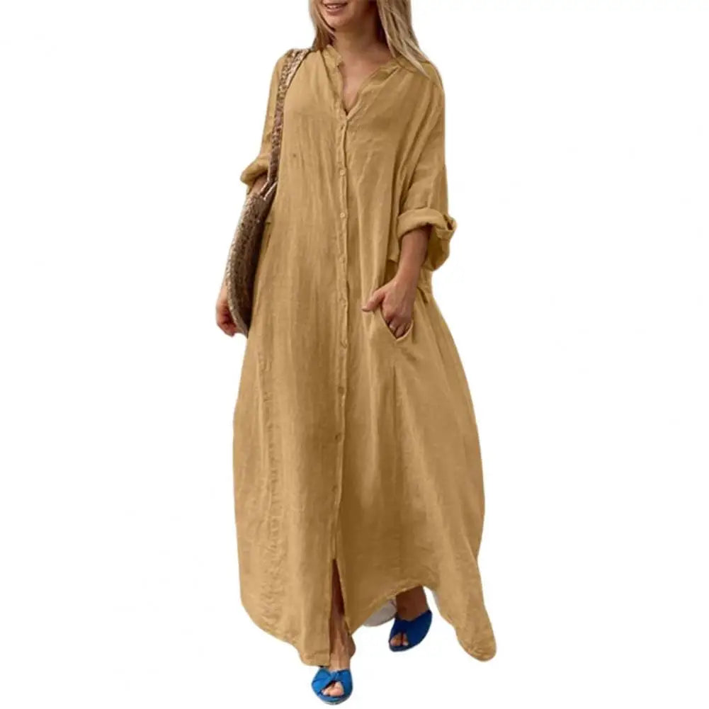 Women A-Line Dress Elegant Maxi Dress with V Neck Pockets for Women Soft Breathable Ankle Length Summer for Spring