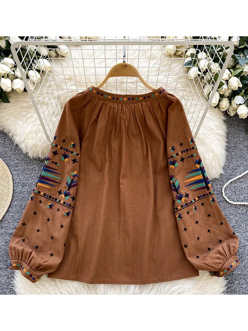 Women'S Spring Autumn Blouse round Neck Lace up Long Sleeved Shirt Embroidered Loose Slimming Casual Pullover Top Trendy BL038