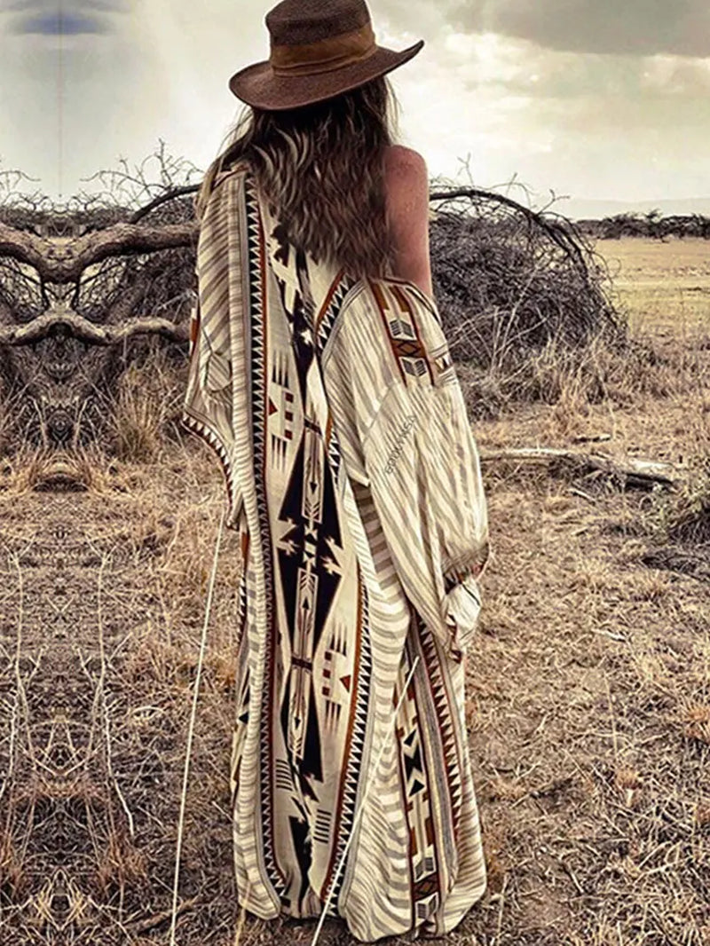 Bohemian Printed Bikini Cover-Ups Elegant Self Belted Kimono Dress Tunic Women plus Size Beach Wear Swim Suit Cover up Q1228