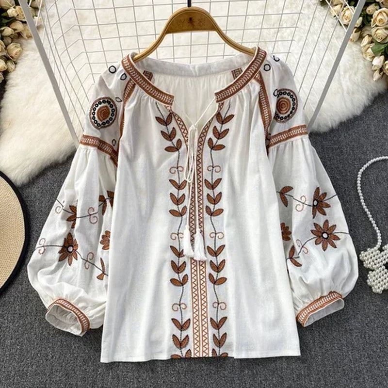 Blusa Mujer O-Neck Floral Embroidery Lantern Sleeve Spring and Autumn Blouse Women 2023 Loose Camisas Ethnic Style Dropshipping