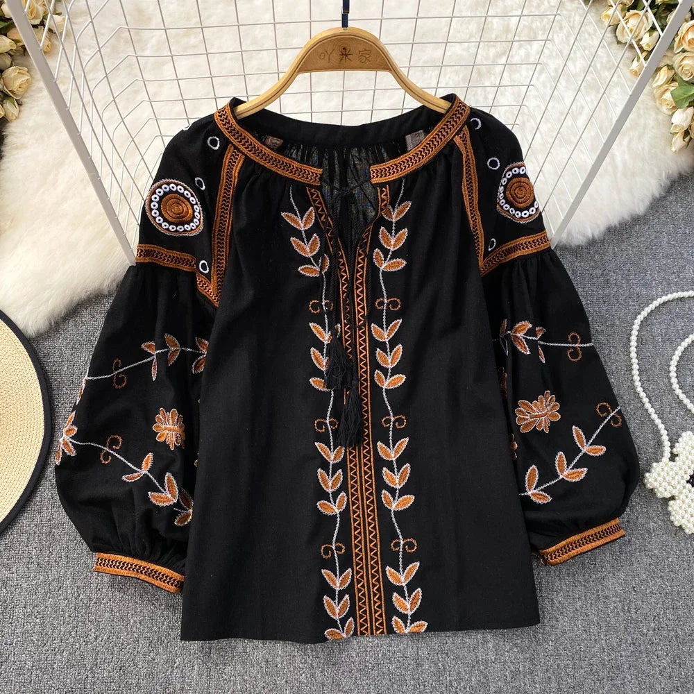 Blusa Mujer O-Neck Floral Embroidery Lantern Sleeve Spring and Autumn Blouse Women 2023 Loose Camisas Ethnic Style Dropshipping