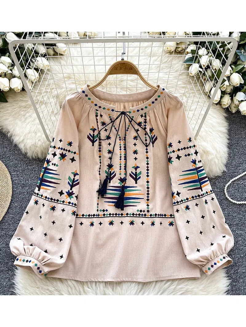 Women'S Spring Autumn Blouse round Neck Lace up Long Sleeved Shirt Embroidered Loose Slimming Casual Pullover Top Trendy BL038