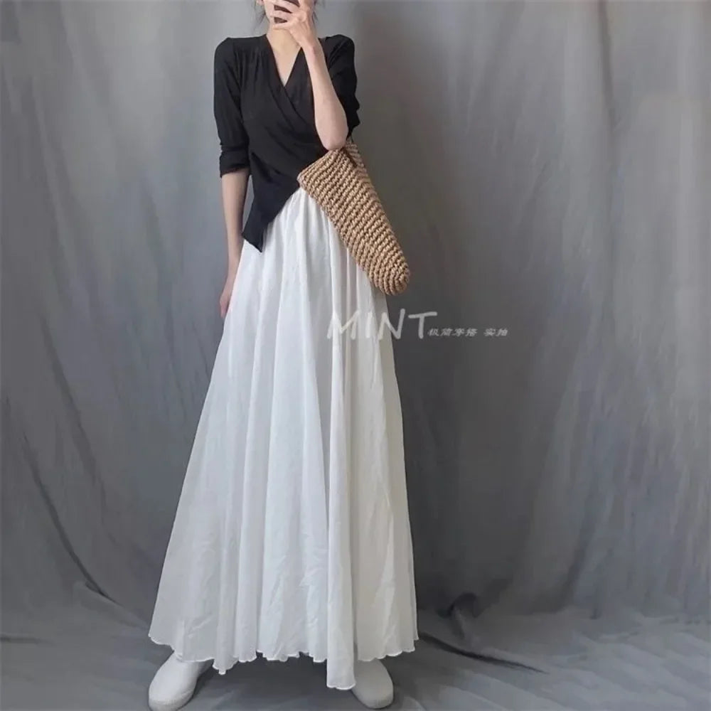 2025 Boho Beach Women'S Skirt - Linen Cotton Blend Elastic Waist Long Pleated Maxi, Vintage Summer Casual Skirt Faldas Saia