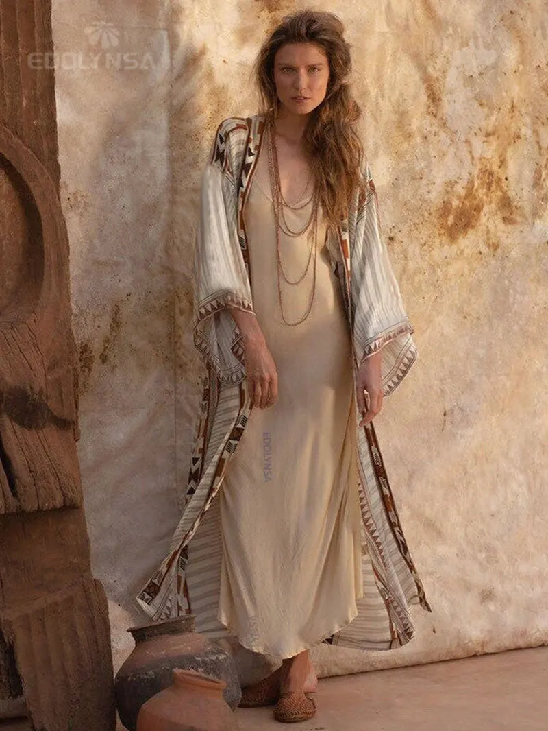 Bohemian Printed Bikini Cover-Ups Elegant Self Belted Kimono Dress Tunic Women plus Size Beach Wear Swim Suit Cover up Q1228