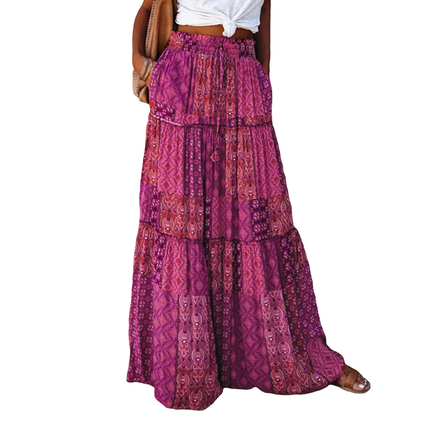 Women'S Summer Bohemian Y2K Retro Drawstring Elastic High Waist Casual Loose A-Line Swing Long Skirt with Pockets