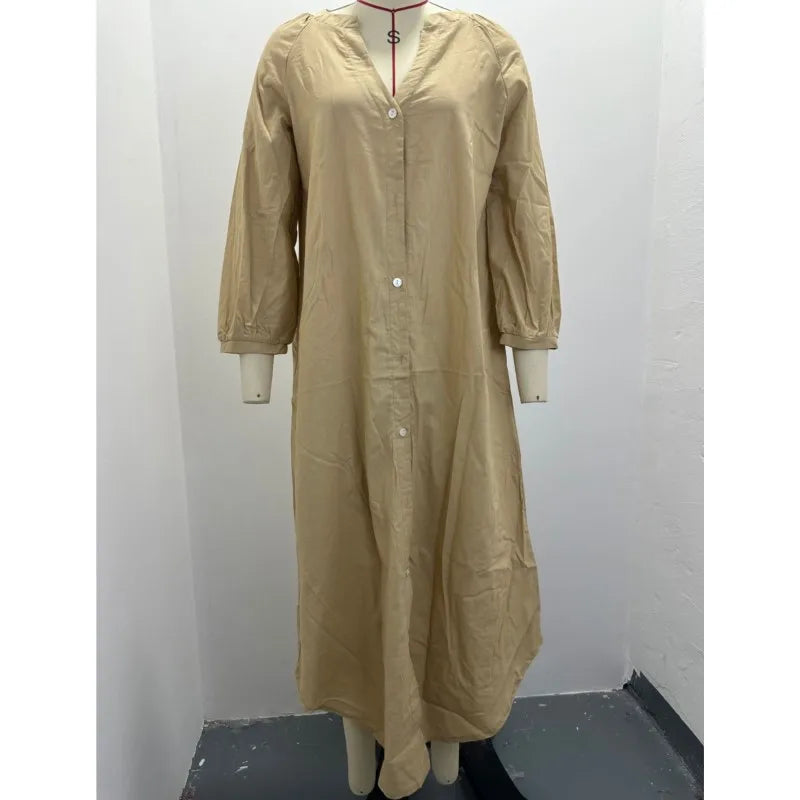 Retro Women Loose Blouse Cotton and Linen Dress Summer Female Beach Sand Three Quarter Sleeve Button Baggy Maxi Long Dresses New