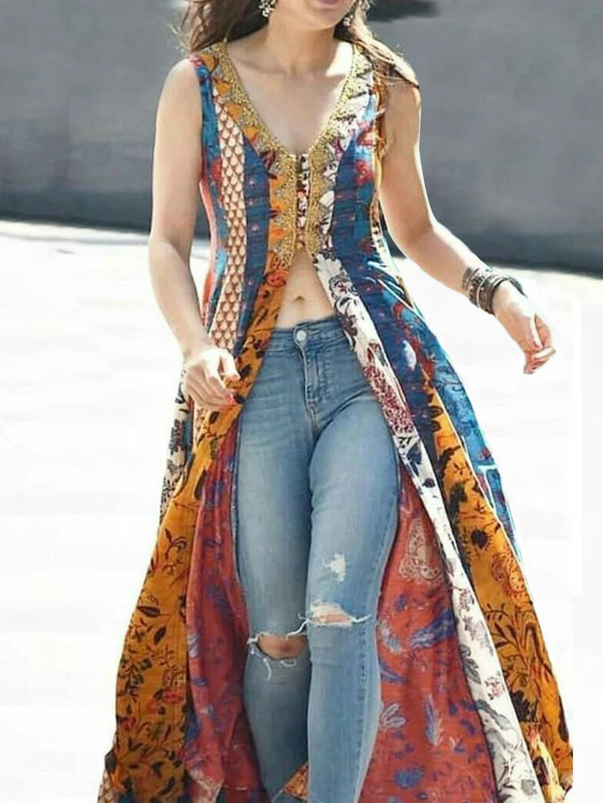 Floral Print Tank Dress for Women Sexy Split V-Neck Sleeveless Indie Folk Vintage Casual High Street Retro Long Dress