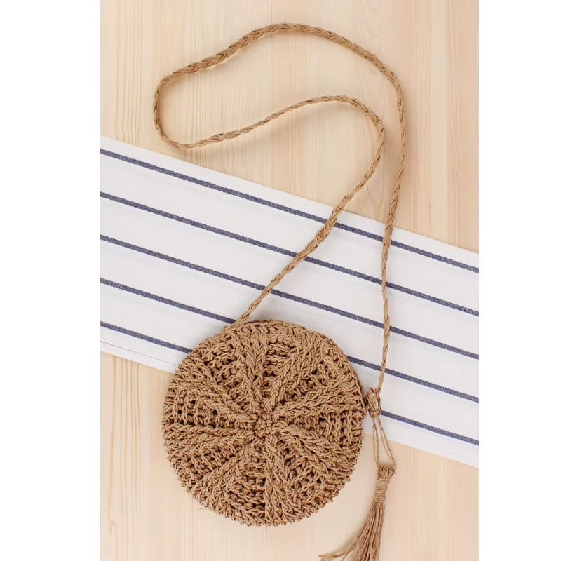 Rattan Woven round Women Straw Bag Handbag Knit Summer Beach Bag Woman Shoulder Messenger Bag Tassel Khaki Beige Bags