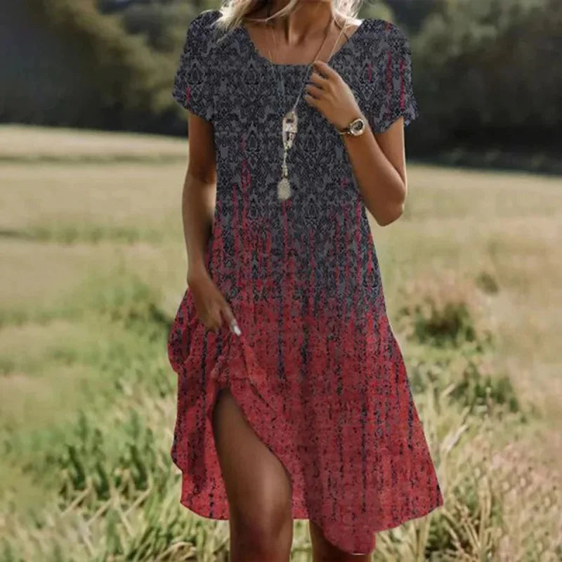 Artistic Ethnic Style round Neck Medium-Length Dress Summer Best Seller Independent Store Exclusive Limited Time Offer