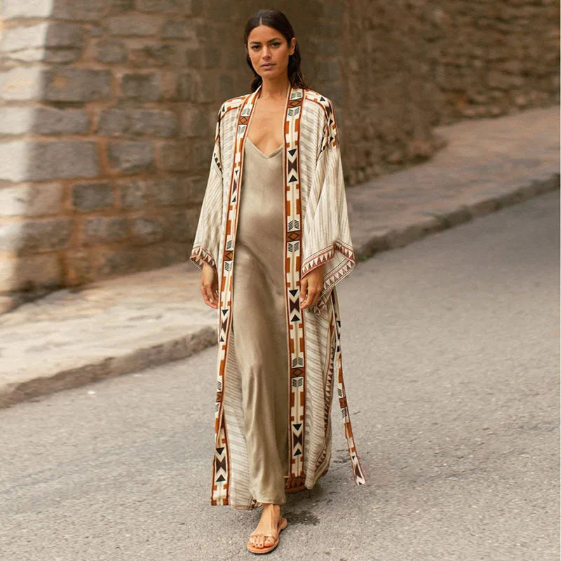 Boho Beach Robe Cotton Orange Ethnic Floral Print Kimono Vestidos Women Long Sleeve Tunic Top Blouses Cover up Boho