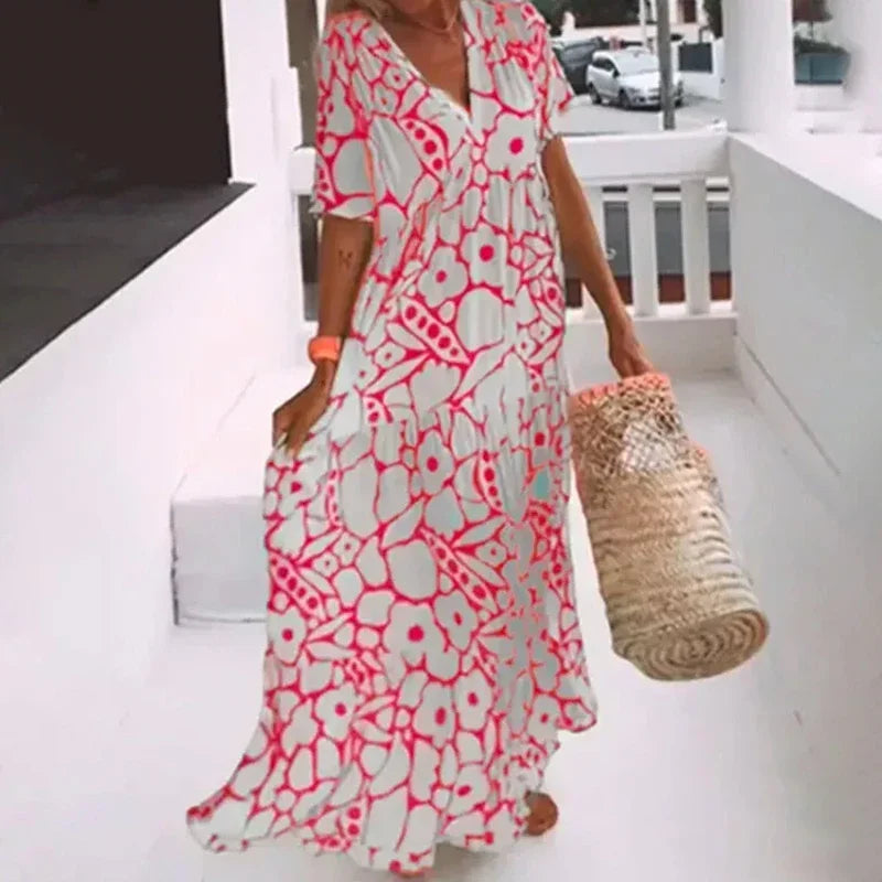 Summer Women'S Printed Short-Sleeved Dress Fashion V-Neck High Waist Casual Loose Swing Dress Holiday Beach Party Sundress