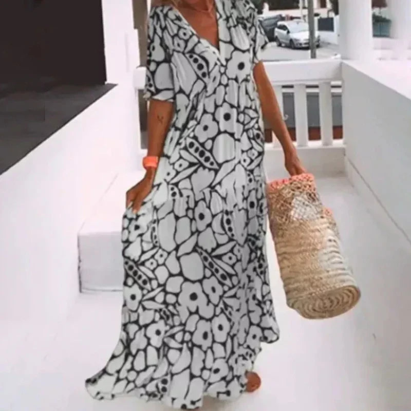 Summer Women'S Printed Short-Sleeved Dress Fashion V-Neck High Waist Casual Loose Swing Dress Holiday Beach Party Sundress