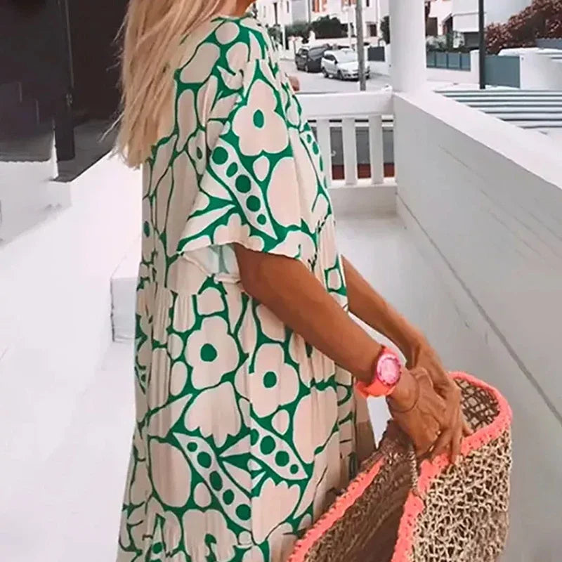Summer Women'S Printed Short-Sleeved Dress Fashion V-Neck High Waist Casual Loose Swing Dress Holiday Beach Party Sundress