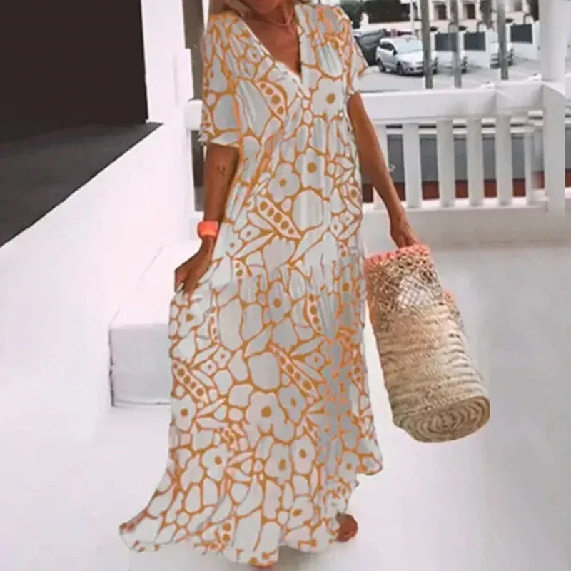 Summer Women'S Printed Short-Sleeved Dress Fashion V-Neck High Waist Casual Loose Swing Dress Holiday Beach Party Sundress
