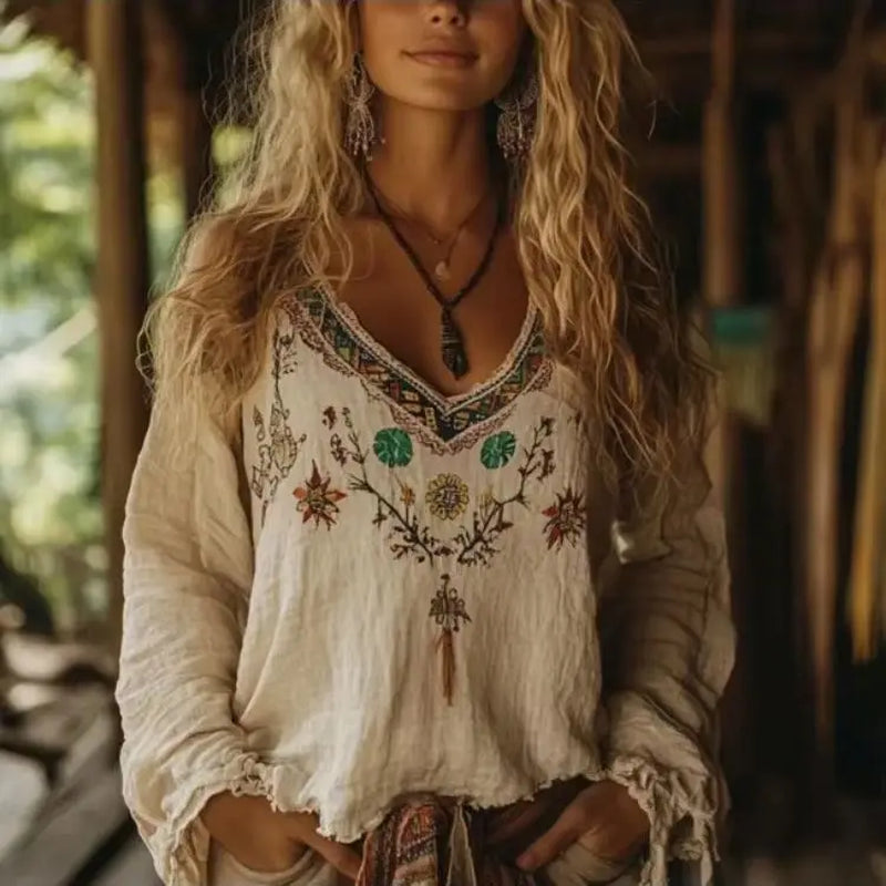 Women V-Neck Ethnic Style Long-Sleeved Top Bohemian Vacation Retro Print Casual Blouse Shirt Vintage Autumn Blouse Top 2025