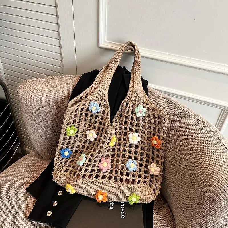 Women'S Bohemian Hollow Knitted Shoulder Bag, Harajuku Style Floral Design Large Capacity for Beach and Casual Use