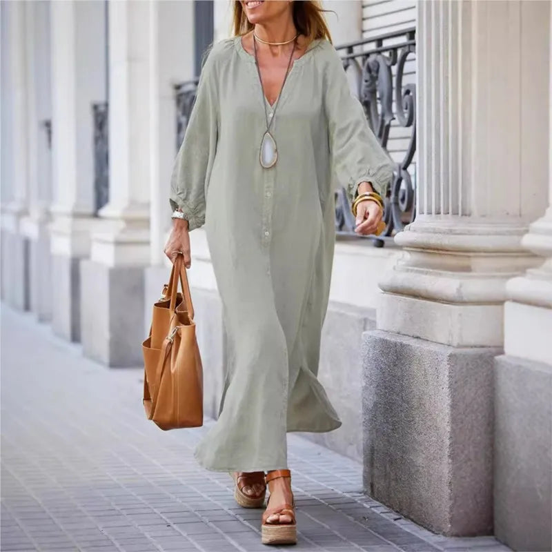 Retro Women Loose Blouse Cotton and Linen Dress Summer Female Beach Sand Three Quarter Sleeve Button Baggy Maxi Long Dresses New
