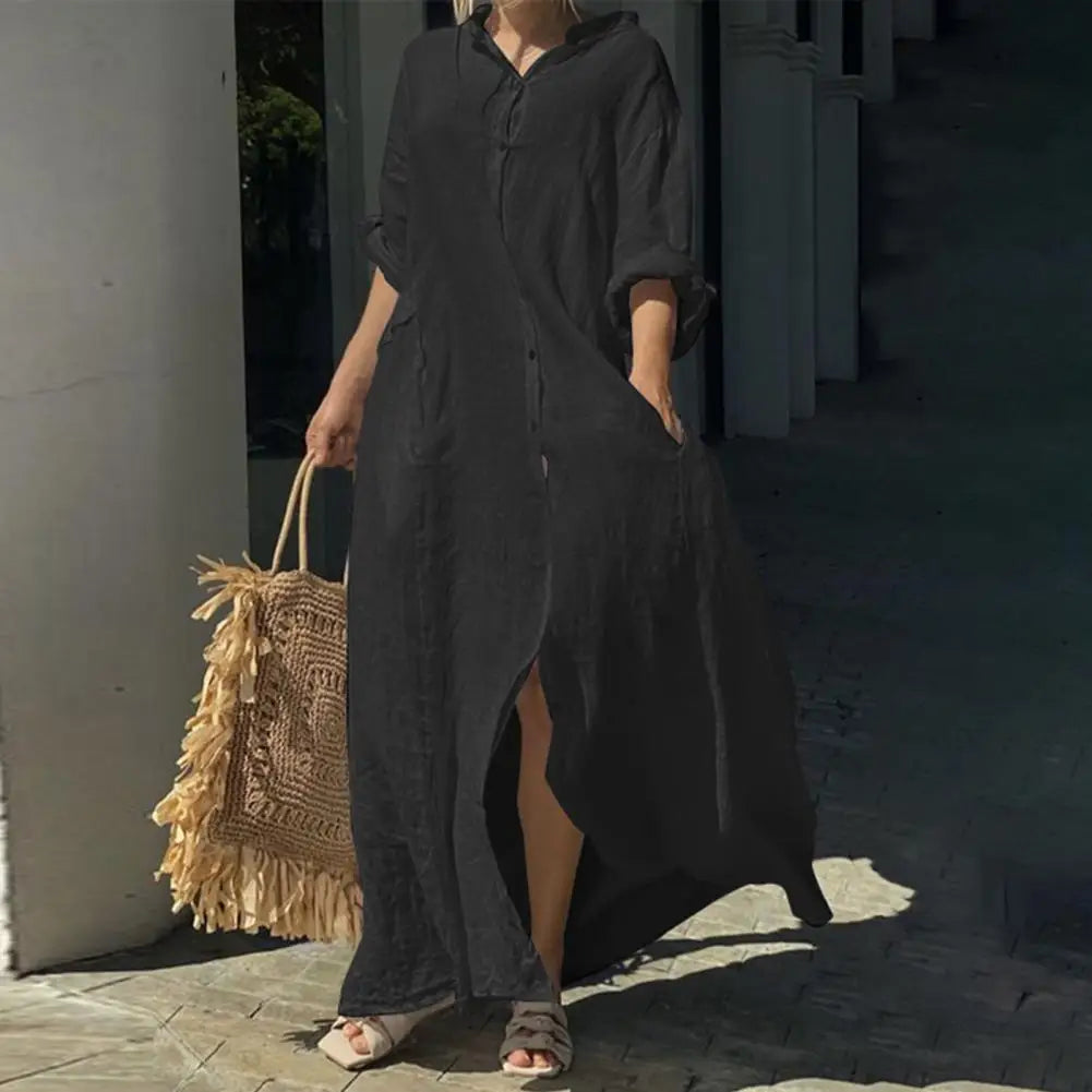 Women A-Line Dress Elegant Maxi Dress with V Neck Pockets for Women Soft Breathable Ankle Length Summer for Spring
