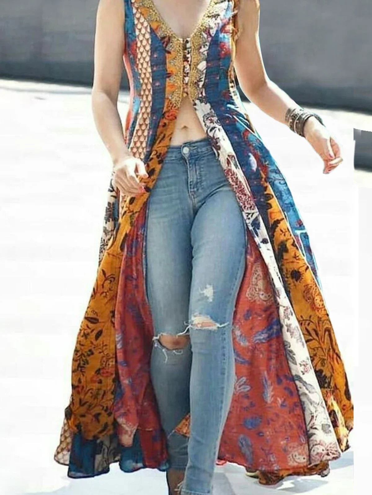 Floral Print Tank Dress for Women Sexy Split V-Neck Sleeveless Indie Folk Vintage Casual High Street Retro Long Dress
