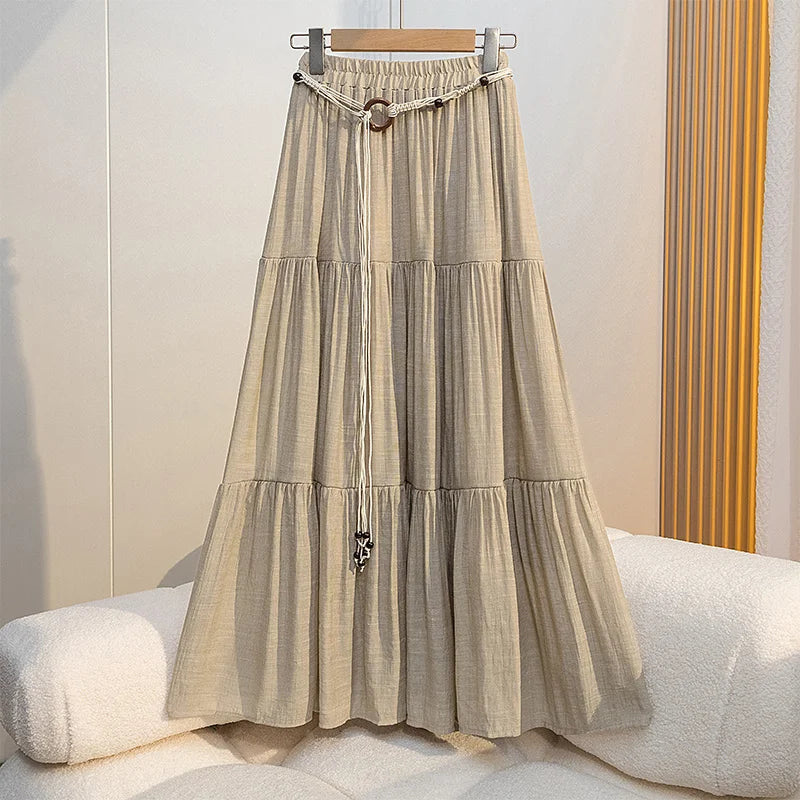 Boho Summer Cotton-Linen Midi Skirt: Flowy A-Line Pleated Long Skirt with Slimming Fit & Hip-Hiding Design for Resort Vacations