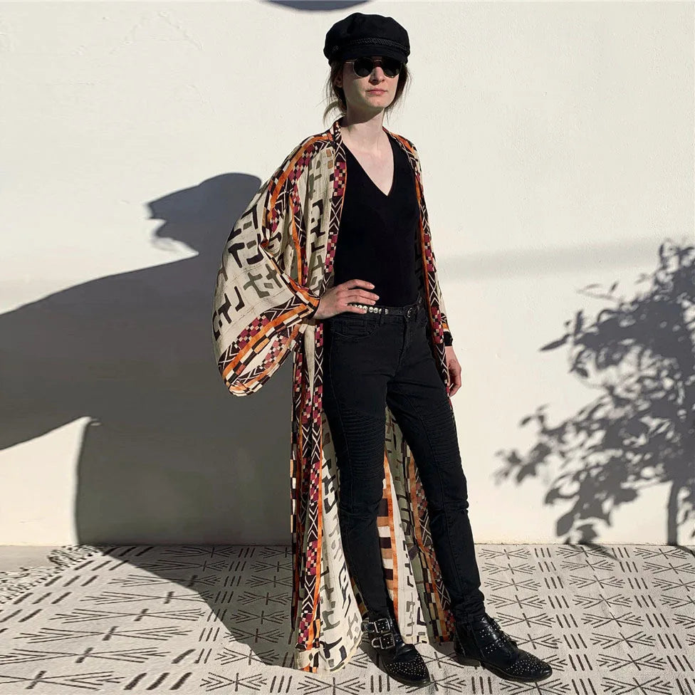 Boho Beach Robe Cotton Orange Ethnic Floral Print Kimono Vestidos Women Long Sleeve Tunic Top Blouses Cover up Boho