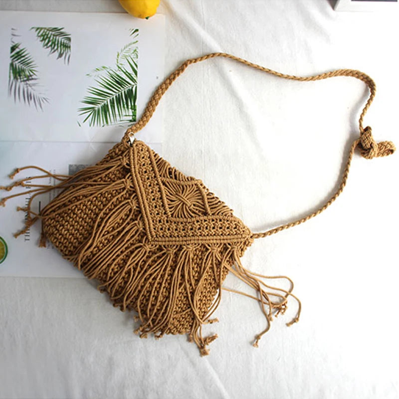 Handmade Cotton Woven Knitted Tassel Crossbody Bag Vintage Shoulder Messenger Bag Female Fashion Beach Summer Handbags for Women