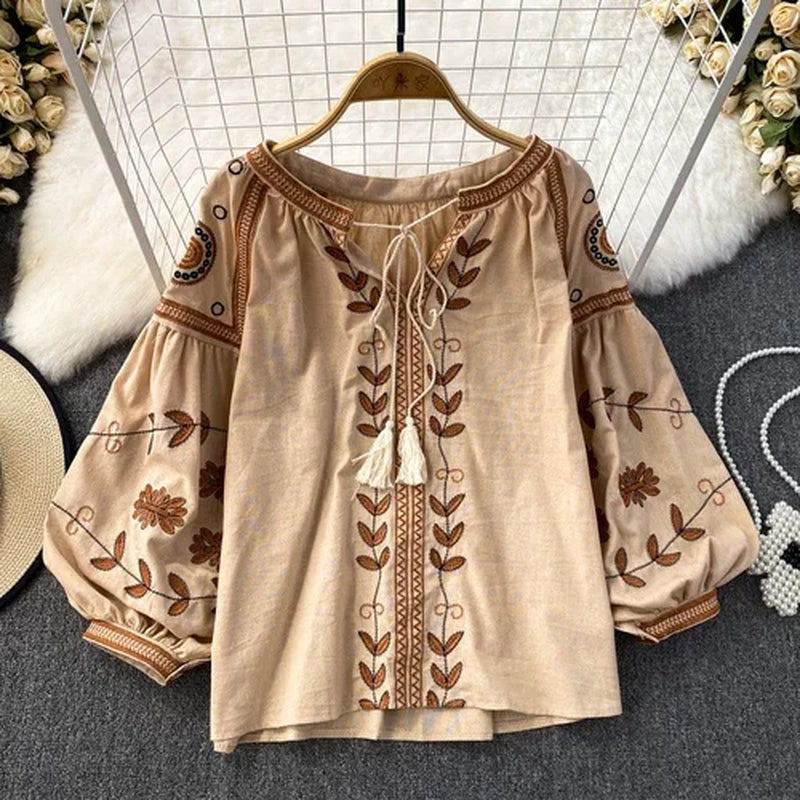 Blusa Mujer O-Neck Floral Embroidery Lantern Sleeve Spring and Autumn Blouse Women 2023 Loose Camisas Ethnic Style Dropshipping