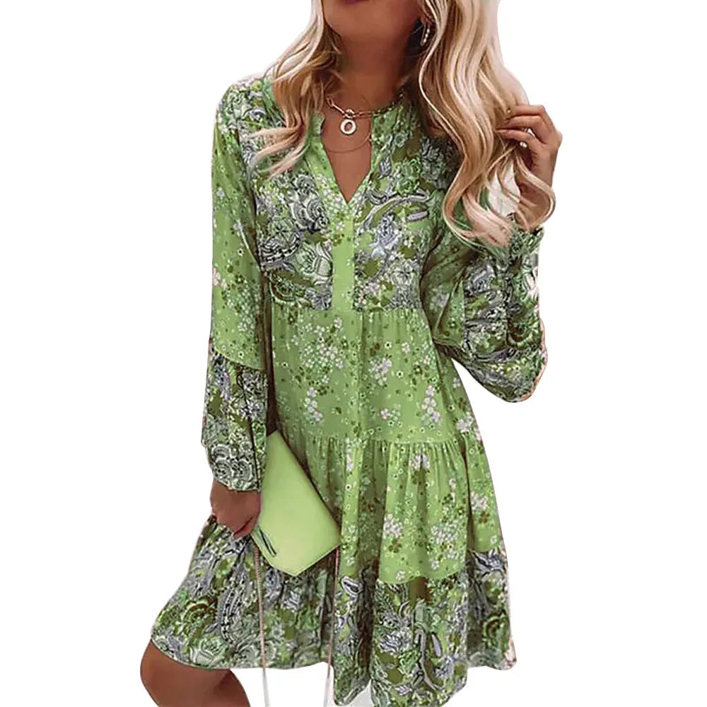 Women'S Casual Floral Print Dress Bohemian V-Neck Loose A-Line Dress Elegant Beach Vacation Style Party Dress Robe Women'S Style