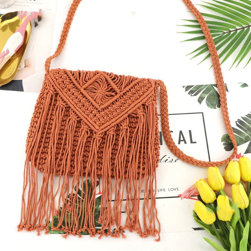 Handmade Cotton Woven Knitted Tassel Crossbody Bag Vintage Shoulder Messenger Bag Female Fashion Beach Summer Handbags for Women