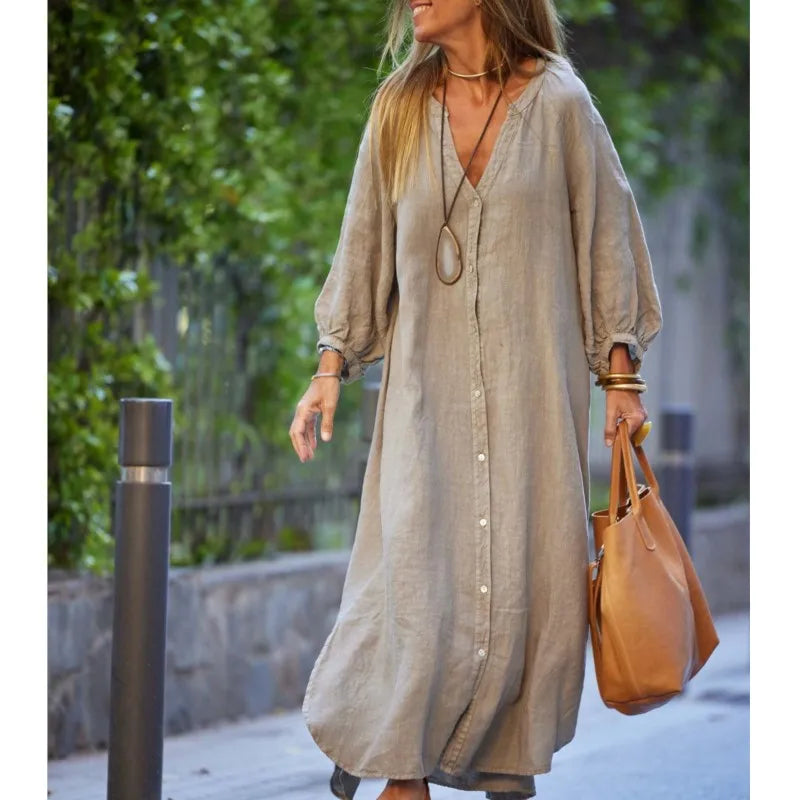 Retro Women Loose Blouse Cotton and Linen Dress Summer Female Beach Sand Three Quarter Sleeve Button Baggy Maxi Long Dresses New