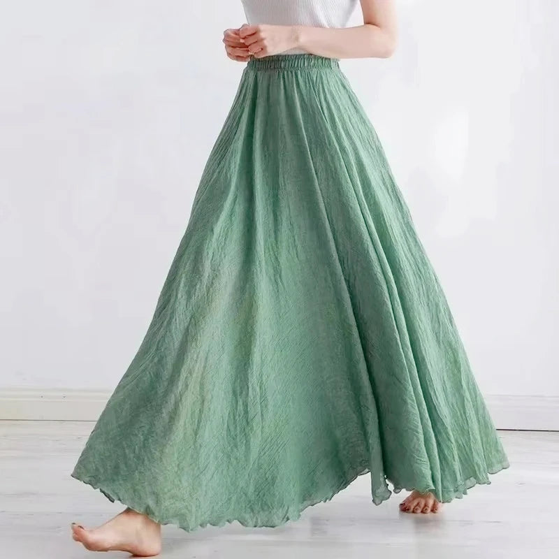 2025 Boho Beach Women'S Skirt - Linen Cotton Blend Elastic Waist Long Pleated Maxi, Vintage Summer Casual Skirt Faldas Saia