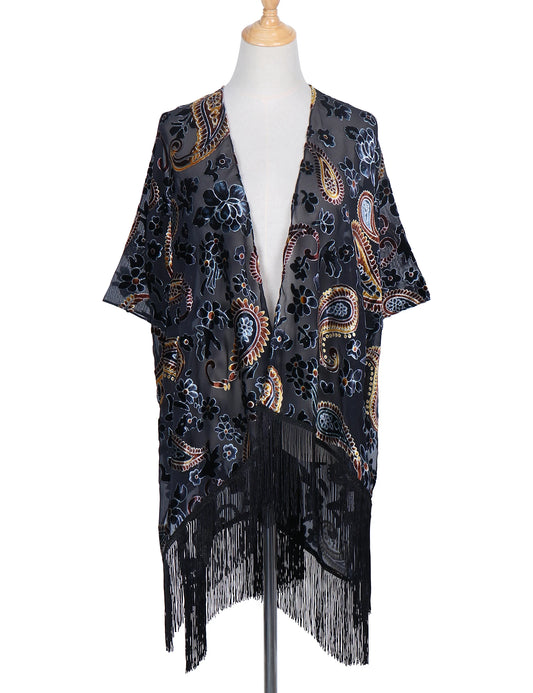 -Fashion Burnout Velvet Kimono with Tassels, Womens Burnout Velvet Kimono Duster, Holiday Casual Kimonos Cardigan