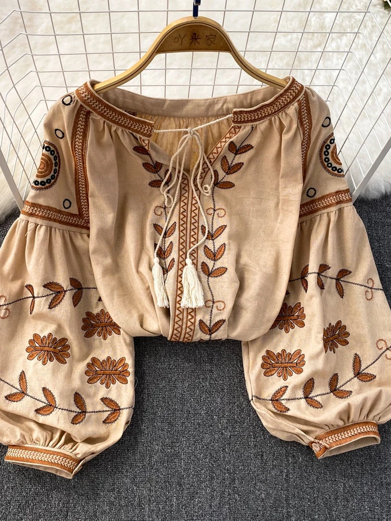 Chic Fashion 2024 New Spring Women Vintage Long Sleeve Loose T-Shirts O Neck Embroidery Casual All Match Top Mujers