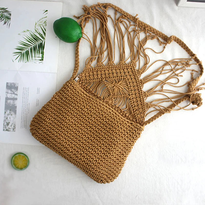 Handmade Cotton Woven Knitted Tassel Crossbody Bag Vintage Shoulder Messenger Bag Female Fashion Beach Summer Handbags for Women