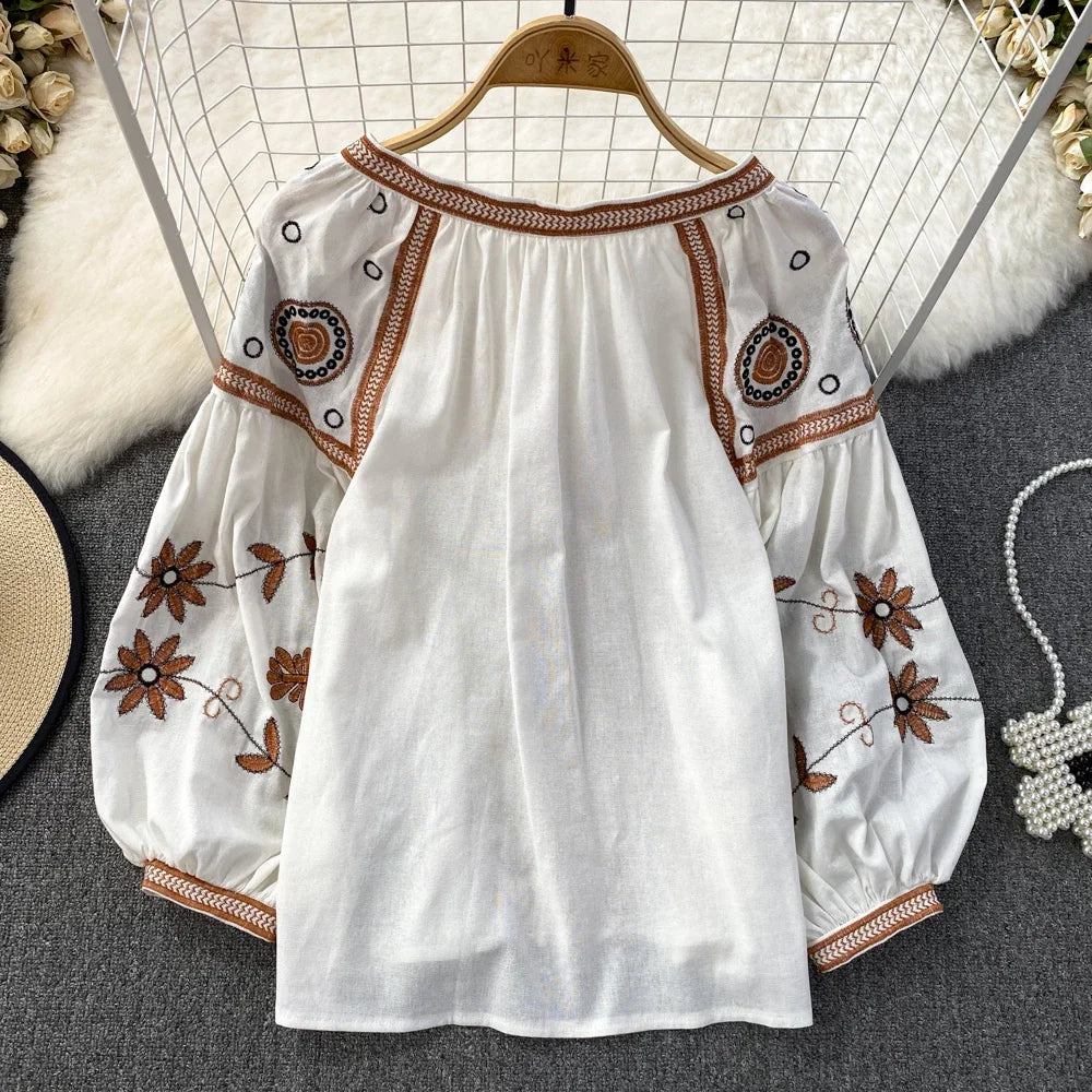 Blusa Mujer O-Neck Floral Embroidery Lantern Sleeve Spring and Autumn Blouse Women 2023 Loose Camisas Ethnic Style Dropshipping