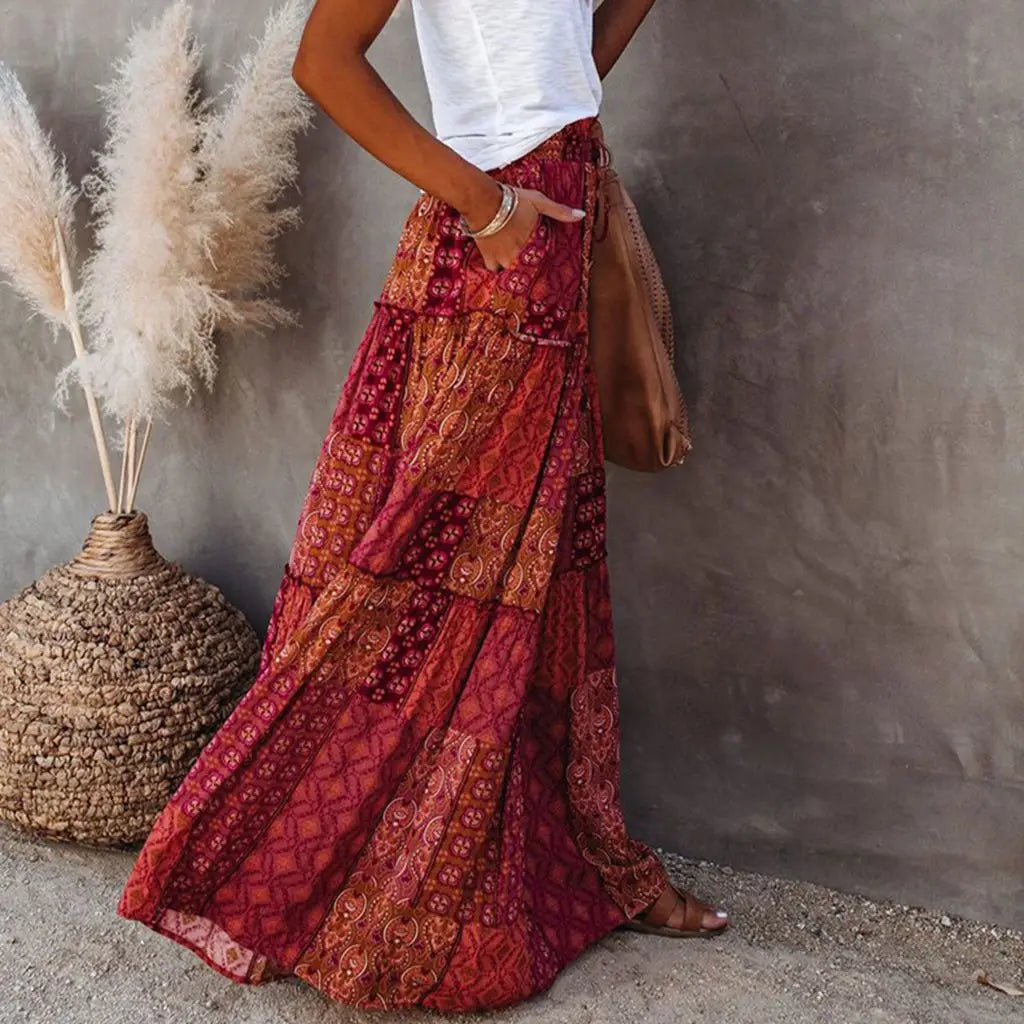 Women'S Summer Bohemian Y2K Retro Drawstring Elastic High Waist Casual Loose A-Line Swing Long Skirt with Pockets