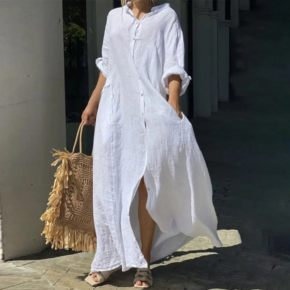 Women A-Line Dress Elegant Maxi Dress with V Neck Pockets for Women Soft Breathable Ankle Length Summer for Spring