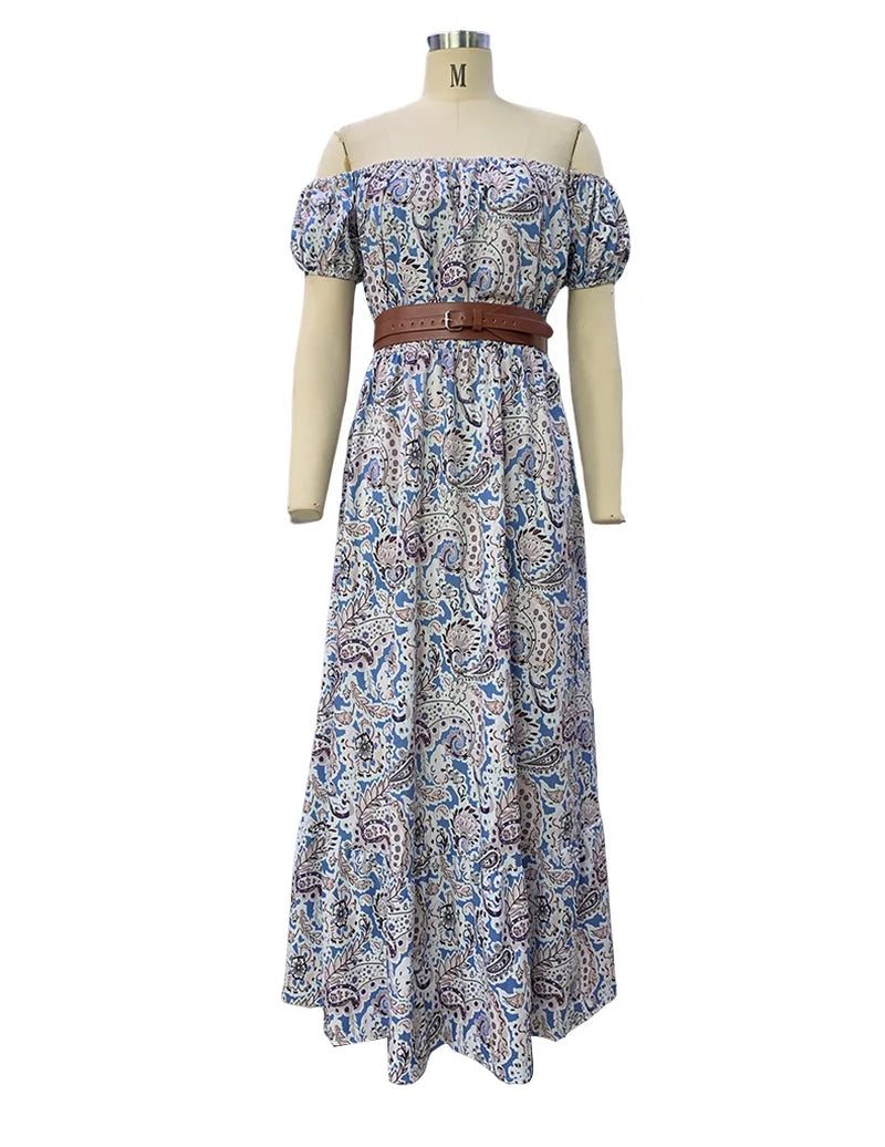 Women Elegant off Shoulder Slash Neck Long Dress Summer Floral Print A-Line Short Sleeve Bohemian Sundress with Belt